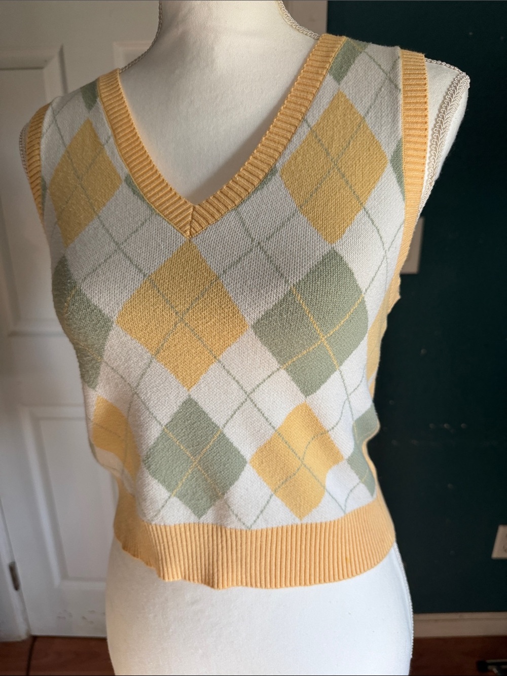 Yellow & Sage Argyle V-Neck Sweater Vest